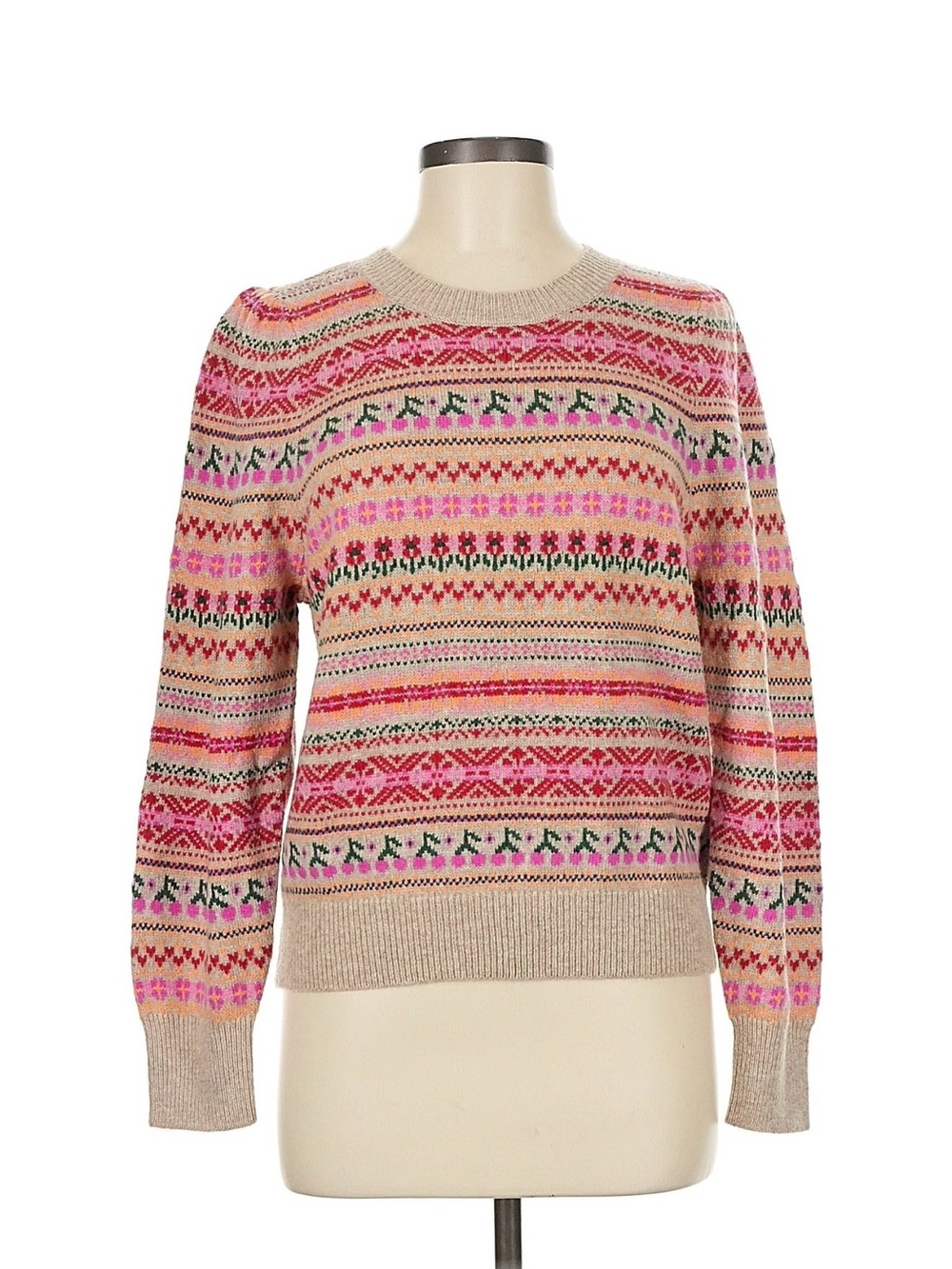 J Crew Pink Beige Fair Isle Cherries Sweater Medium